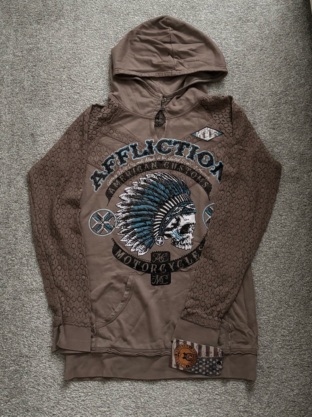 Affliction Brown Hoodie with Blue & Black Graphic